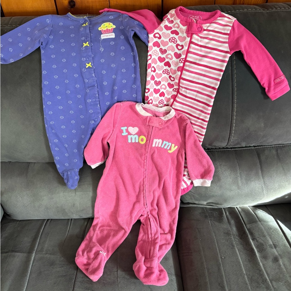 Baby Girl 6 mos. LOT of 3- Pink and Blue Kids One Piece footies/sleepers . GUC